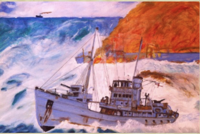Northern Pride with a tanker on fire behind, painted by Harold.png